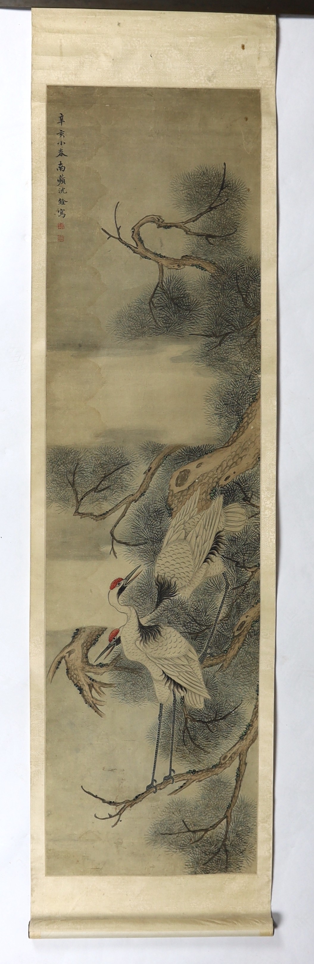 A Chinese scroll painting on paper of cranes perched in a pine tree, 19th century, image 163.5cm x 44cm